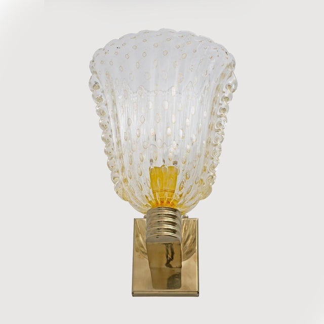 Metal Art Deco Style Brass and Pulegoso Murano Glass Sconces by Barovier & Toso, 1990, Set of 2 For Sale - Image 7 of 8