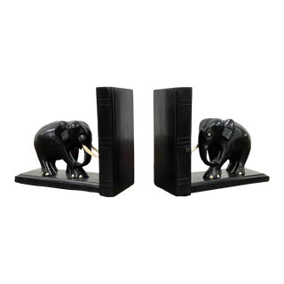 Vintage Carved Ebony Elephant Bookends - Pair For Sale