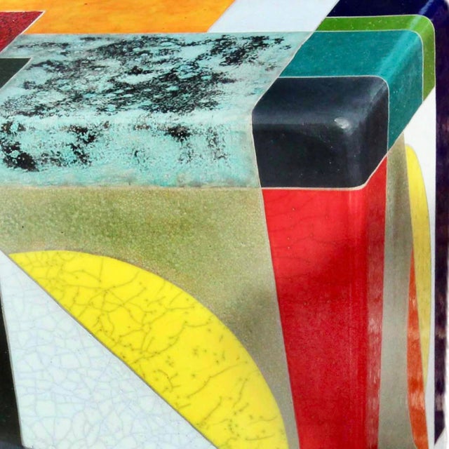 "Time Alone" by Michael Gustavson, Raku Ceramic Functional Bench Sculpture, Navy Teal Red & Orange Glaze, Contemporary California Art, Vibrant Colors For Sale In Sacramento - Image 6 of 9
