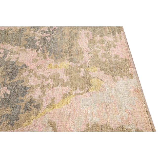 Modern Pink Handmade Abstract Motif Wool Rug For Sale - Image 9 of 10