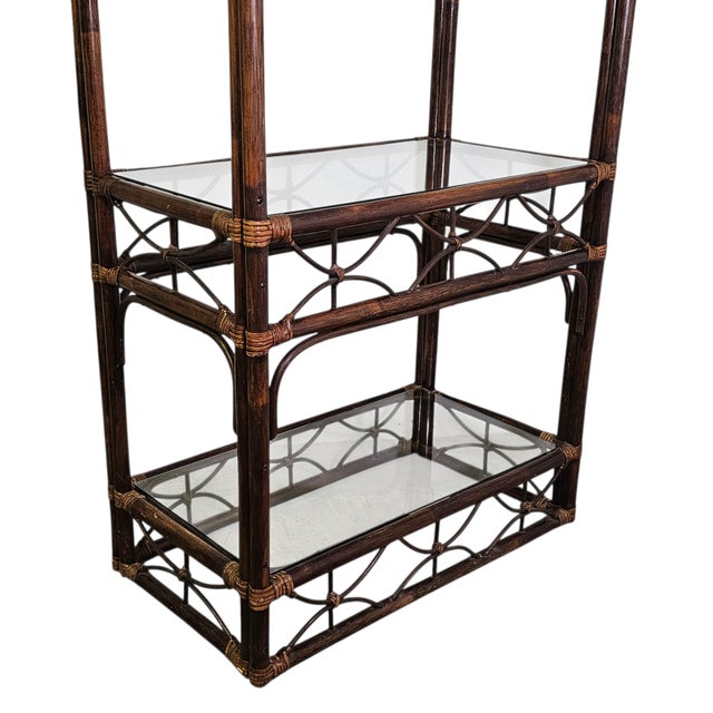 Brown Vintage Rattan Bamboo Etagere With Glass Shelves, Coastal Palm Beach Regency, 74" For Sale - Image 8 of 13