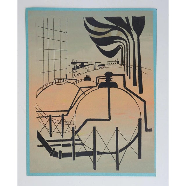 Vintage serigraph on paper of an industrial refinery scene. Image in black on peach and taupe painted paper. Unsigned....