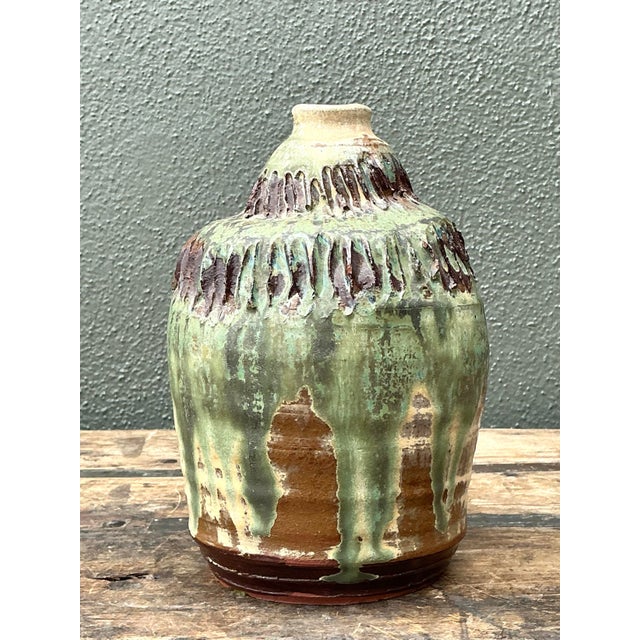 Bottle Green Vintage Original Studio Pottery Ribbed Vase For Sale - Image 8 of 12