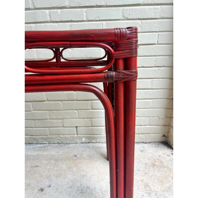 Vintage Red Split Reed and Rattan Glass Top Console Entry Table - Newly Painted For Sale In Mobile - Image 6 of 12