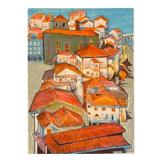1960s European Village Rooftop Lithograph For Sale