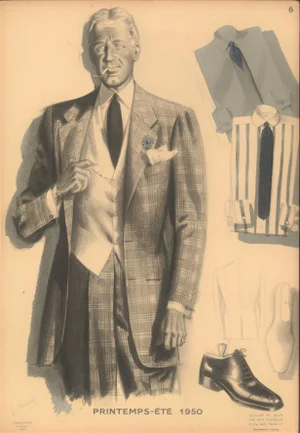 1950 Mid-Century French Men's Tailoring Fashion Lithograph