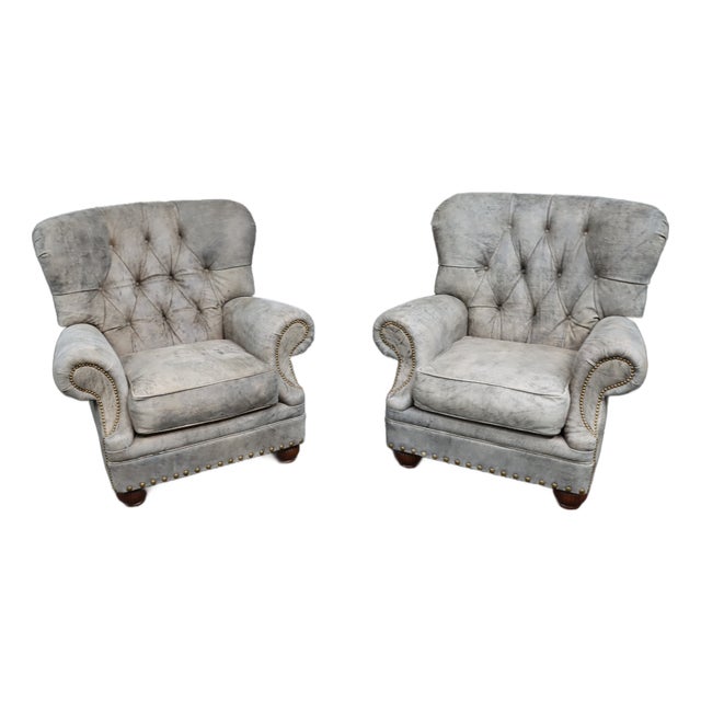 Pair of Leathercraft Inc. Distressed Gray Tufted Leather Recliner Club Chairs For Sale