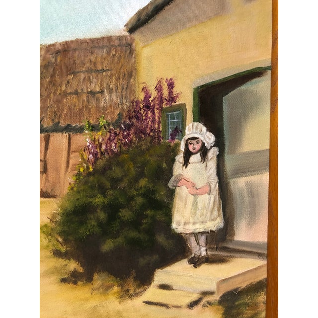 English 1994 Young Girl in a Village Wearing a White Dress Painting Signed Framed For Sale - Image 3 of 11