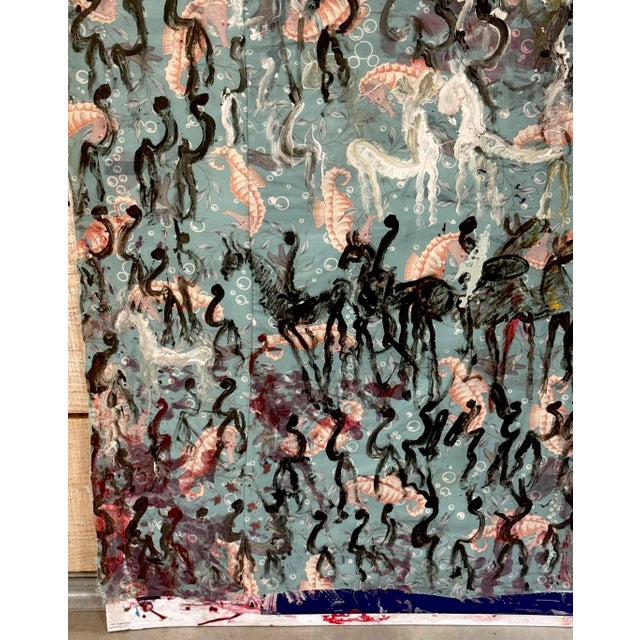 Purvis Young Mixed Media on Poster Board with Seahorse Fabric & Painted Warriors For Sale - Image 12 of 18