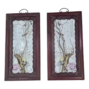 Mid-Century Pair of Chinese Famille Rose Porcelain Plaques Carved Wood Frames