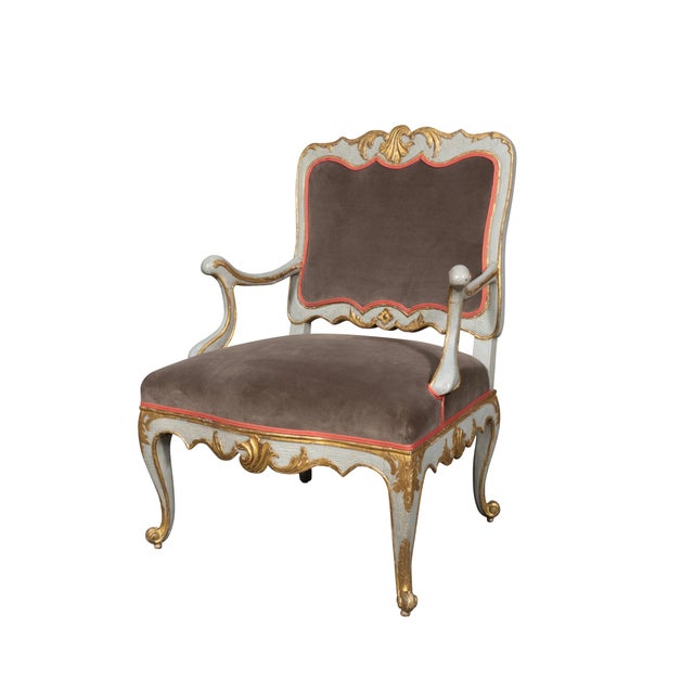 Wood Pair of Italian Rococo Blue Painted Armchairs For Sale - Image 7 of 10