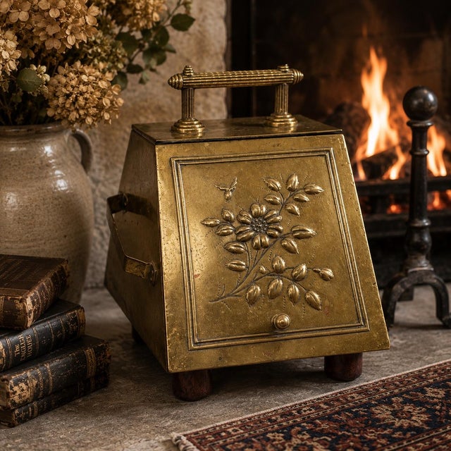 Antique Late Victorian English Brass Coal Scuttle With Embossed Floral & Bee Motif For Sale - Image 10 of 10