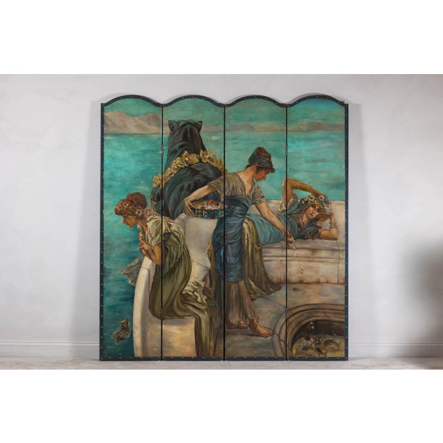 Mid 20th Century Classical 4-Panel Scalloped Screen with Hand-Painted Maidens and Coastal Scene For Sale - Image 5 of 12