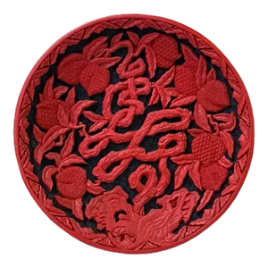 Chinese Red Resin Lacquer Round Peach Tree Relief Carving Accent Plate