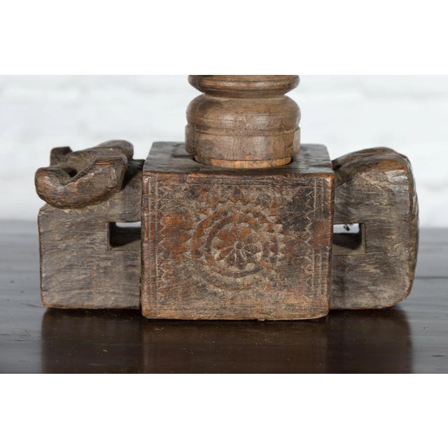 Rustic Antique Indian Wooden Hand Noodle Grinder with Carved Ram and Vice Press For Sale - Image 3 of 10