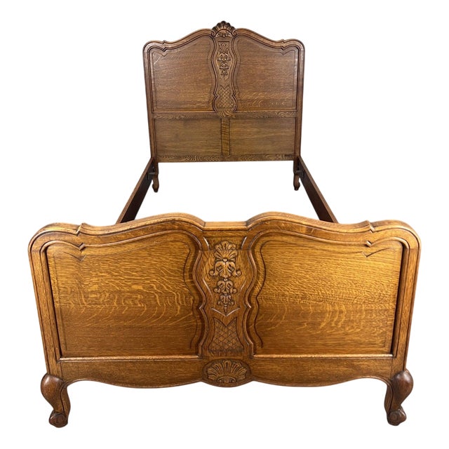 Vintage French Louis XVI Style Oak Single Bed Frame with Carved Headboard For Sale
