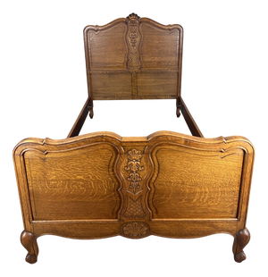 Vintage French Louis XVI Style Oak Single Bed Frame with Carved Headboard