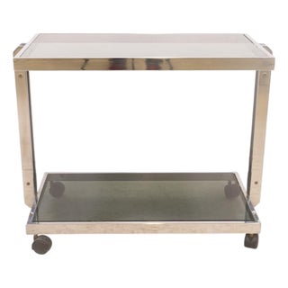 Vintage Chrome Bar Cart with Smoked Glass Shelves For Sale