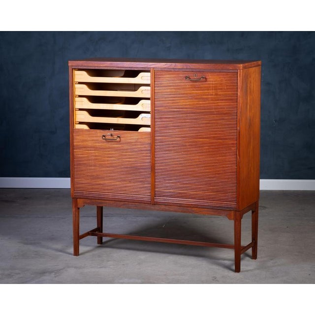 Danish Teak Tambour Cabinet with Brass Handle, 1960s For Sale - Image 4 of 12