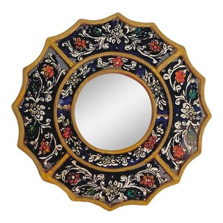 Vintage Mid Century Round Peruvian Glass Reverse Painted Mirror For Sale