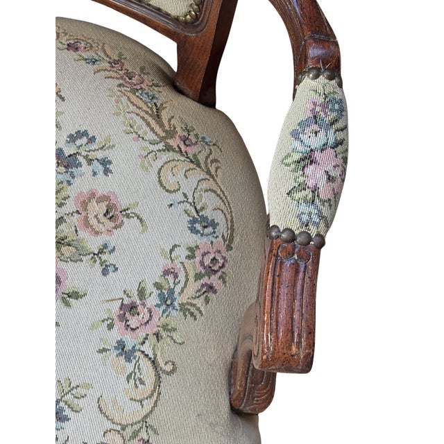 Wood Vintage French Louis XV–Style Carved Wood Tapestry Armchair For Sale - Image 7 of 12