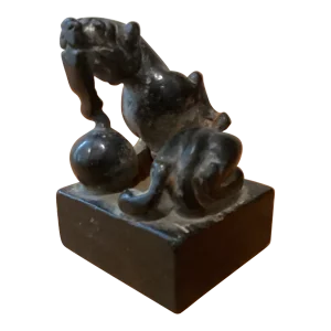 Early 20th Century Chinese Sculpture of a Guardian Foo Fu Dog Lion With Ball in Black