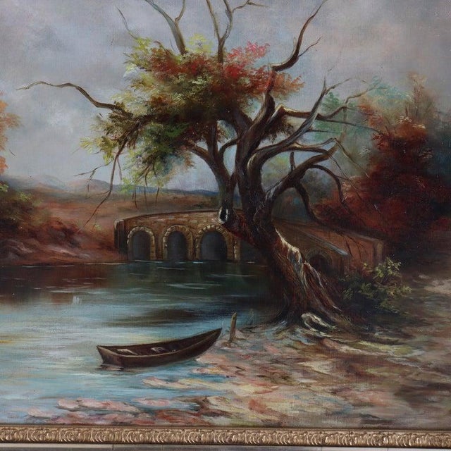 The Hudson River School Antique Hudson River School Oil on Canvas Painting of a River Scene C1900 For Sale - Image 3 of 12