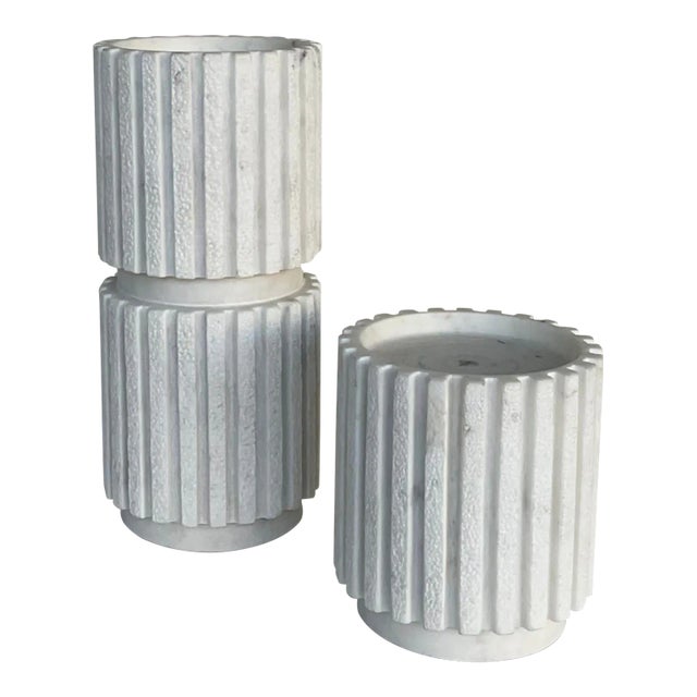 Global Views Modern Channeled White Marble Candle Pillars Set of 2 For Sale