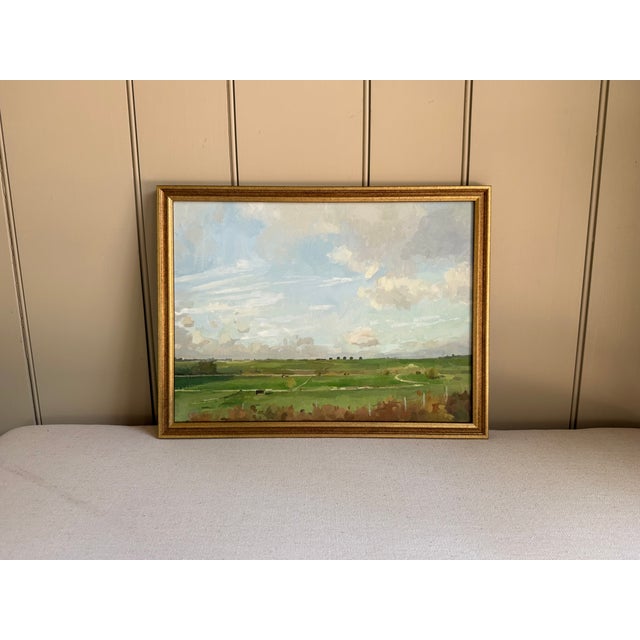 This painting is a serene landscape of the farm fields of France. I enjoy the bright greens set against the partly cloudy...