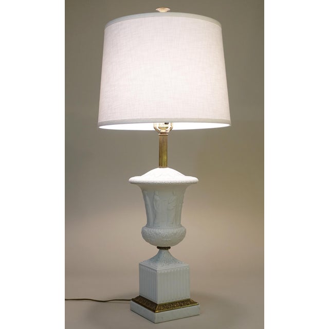 Xlarge Paul Hanson Neoclassical Modern Hollywood Regency Bisque Ceramic Marble Brass Table Lamp 1960's Italy For Sale In Los Angeles - Image 6 of 13