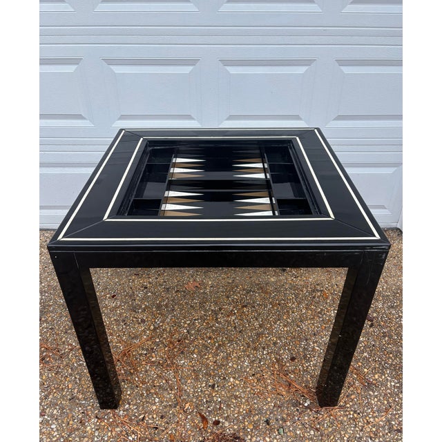 Mid-Century Modern Mid to Late Twentieth Century Deep Black Lacquered 36” Parsons Style Game Table With Chess / Checkers and Backgammon Removable Top For Sale - Image 3 of 9