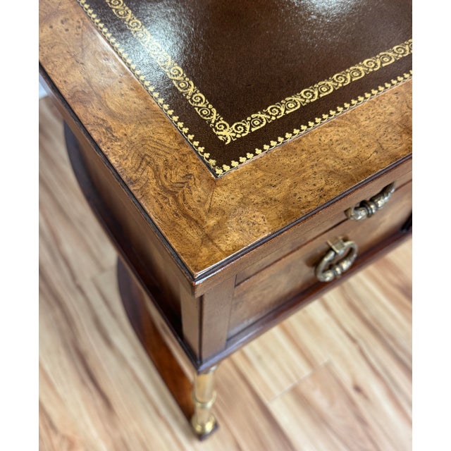 Brass Vintage Sligh-Lowry Burl Wood Leather Top Demilune Desk W/ Brass Legs For Sale - Image 8 of 12
