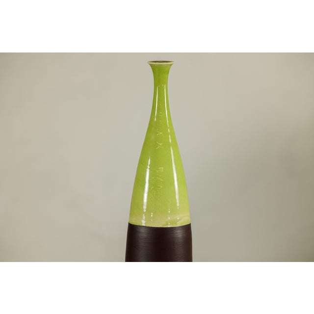 Tall Artisan Ceramic Vase with Glossy Green and Matte Brown Glaze For Sale - Image 17 of 18