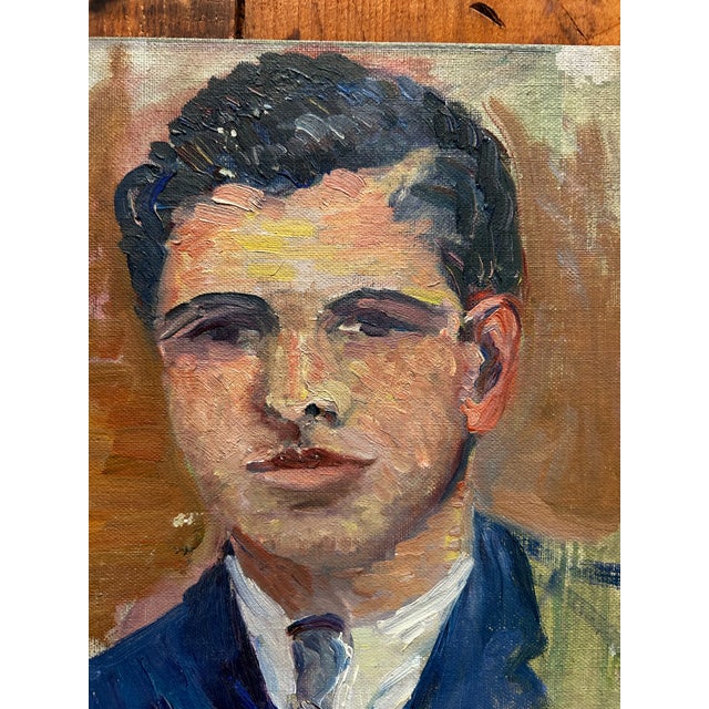 Vintage Oil Painting Portrait of a Dark Haired Man in a Suit ~ Unframed For Sale - Image 4 of 5