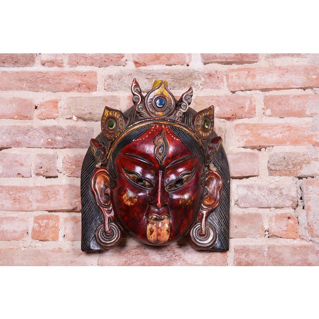 Antique Asian Facial Mas in Lacquered and Painted Wood, 1890s For Sale - Image 3 of 8