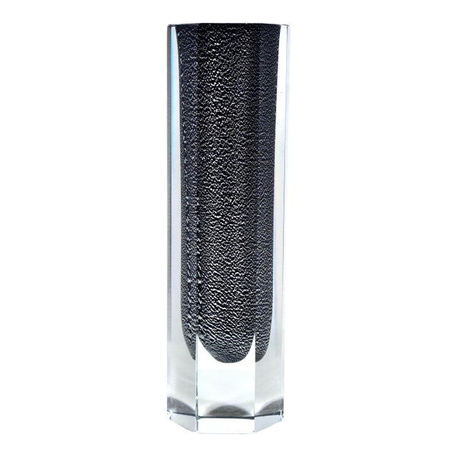 Murano Mandruzzato Hexagonal Vase; Cased Clear & Black With Heavy Silver Inclusions For Sale
