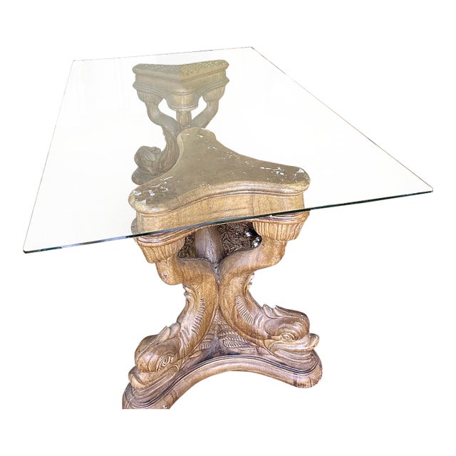 Vintage Carved Plaster Dolphin Table Bases (Pair) With Beveled Glass Top For Sale