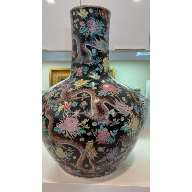 Black Momumental Vintage Chinese Black Ground Dragon & Floral Porcelain Floor Vase With Gilt Rim For Sale - Image 8 of 18