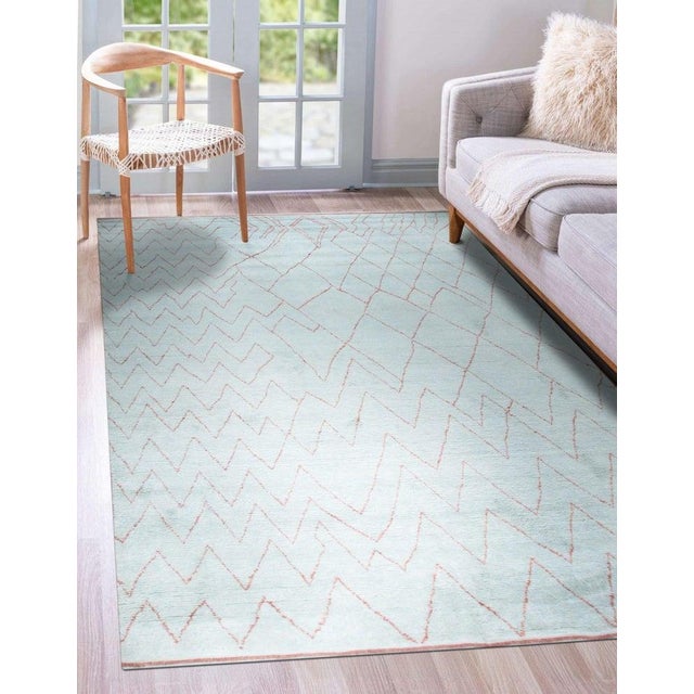 Sky Blue 9x12 Blue Hand-Knotted Wool Chevron Gridwork Tribal Modern Carpet Rug For Sale - Image 8 of 9