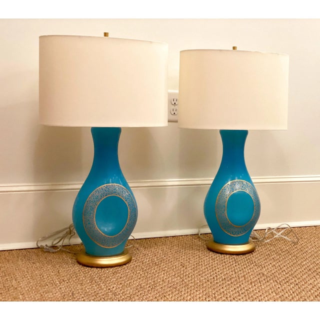 Vintage Mid 20th Century Aqua Murano Glass Lamps - a Pair For Sale - Image 4 of 10