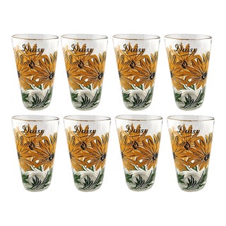 Vintage Mid-Century Yellow Daisy Tumblers Glasses - Set of 8 For Sale