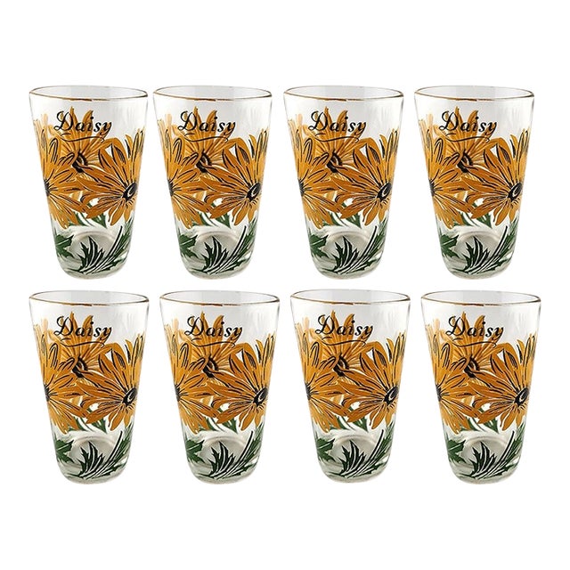 Vintage Mid-Century Yellow Daisy Tumblers Glasses - Set of 8 For Sale