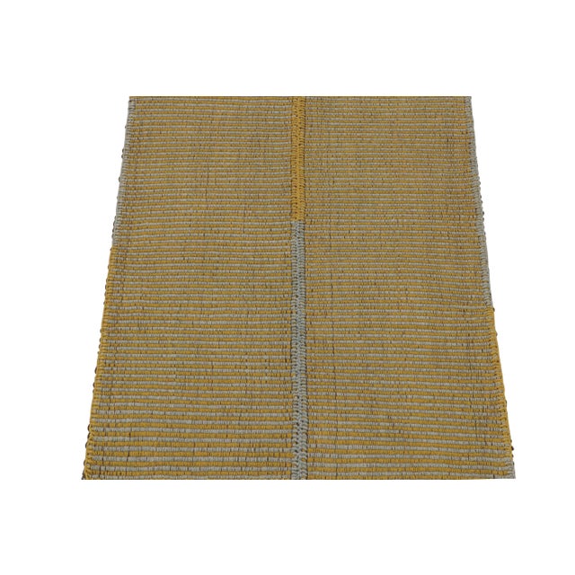 Contemporary Rug & Kilim’s Contemporary Kilim in Gold and Sky Blue Stripes With Brown Accents For Sale - Image 3 of 7