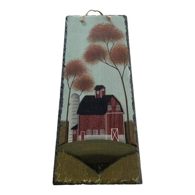 Vintage Rustic Hand Painted Slate Wall Hanging Featuring a Red Barn For Sale
