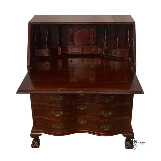 1960s Vintage Maddox Chippendale Style Mahogany Serpentine Drop Front Secretary Desk For Sale - Image 5 of 12