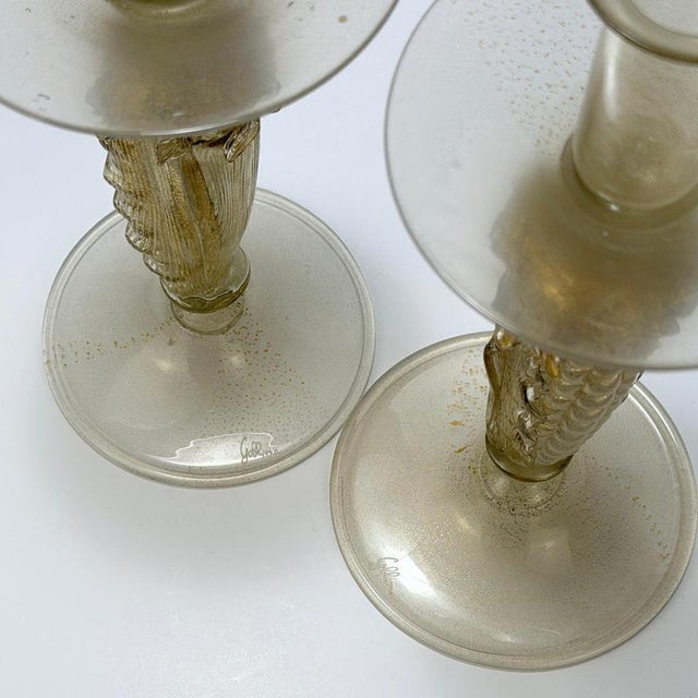 Opaline and Gold Polveri Murano Glass Candlesticks from Gabbiani, Italy, 1980s, Set of 2 For Sale - Image 4 of 10