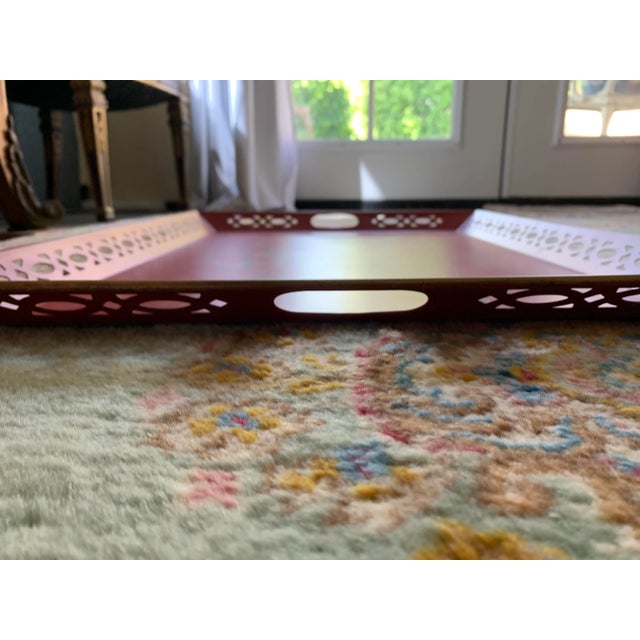 1940s Vintage Red Hand Painted Chinoiserie Tole Tray For Sale - Image 5 of 12