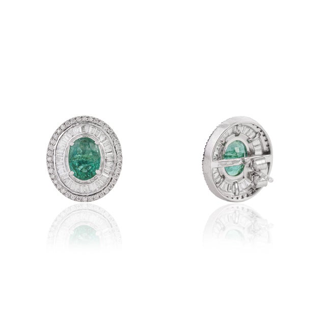 Metal Vintage 2.51ct Emerald & Channel Set Diamond Oval 14k Gold Stud Earrings- 2 Pieces For Sale - Image 7 of 16