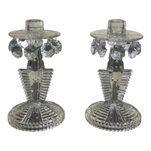 Pair of Art Deco Ribbed Glass Candle Holders With Crystal Prism Drops