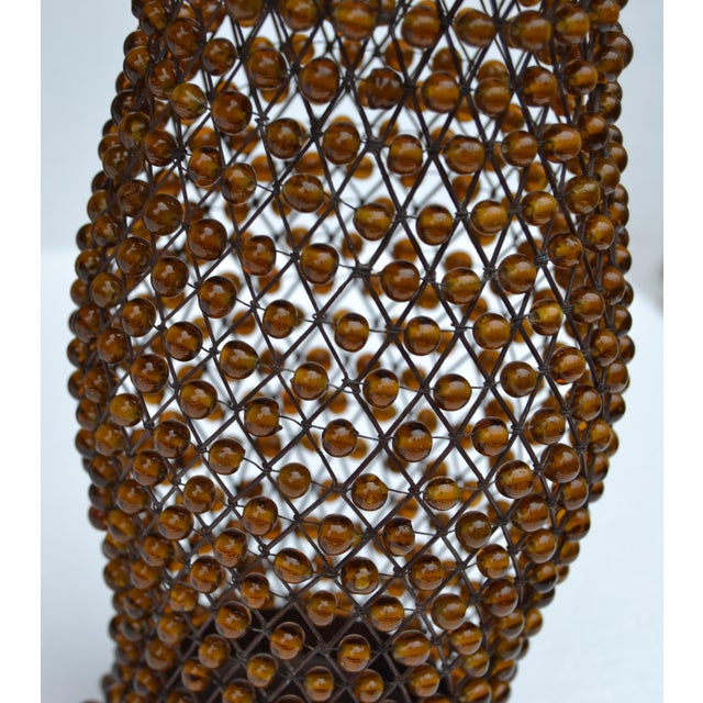 Set 2 Vintage Decorative Amber Gemstone Beaded Lattice Hourglass Shaped Candle Holders For Sale - Image 10 of 15